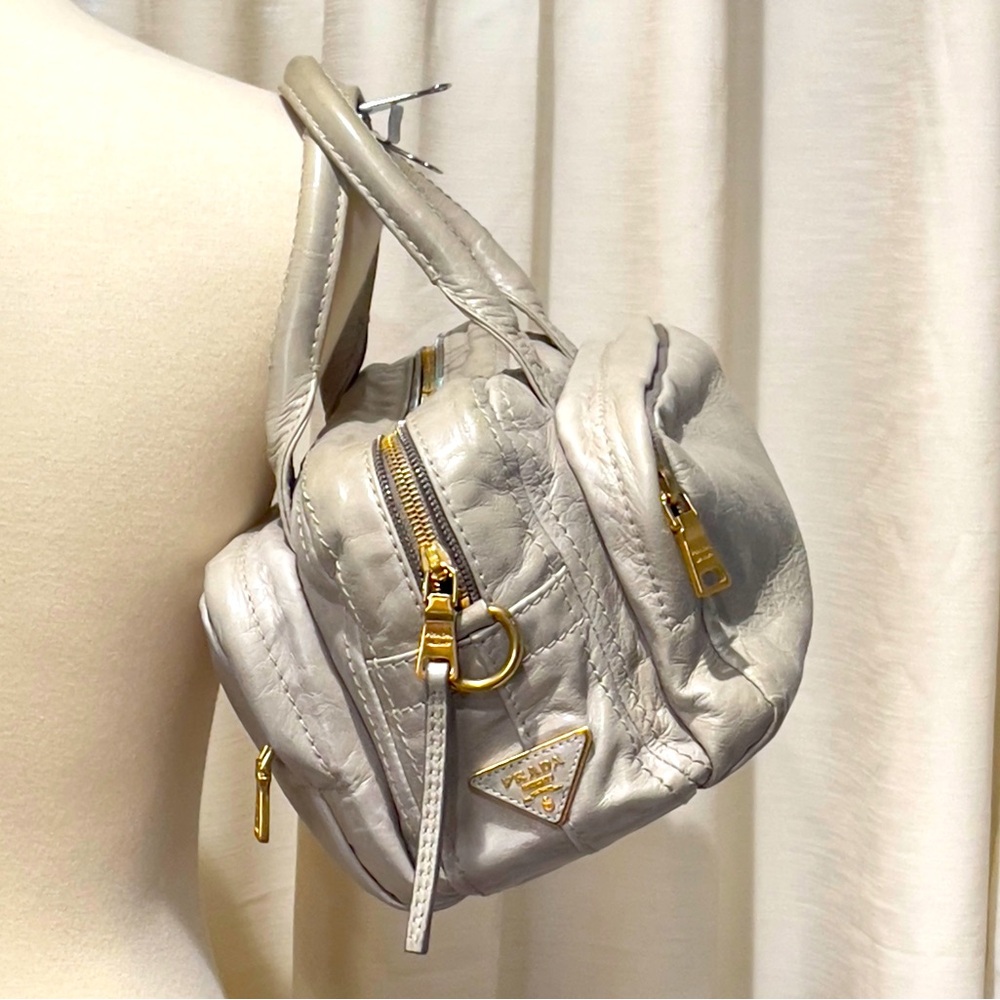 Prada Vitello Shine Beige Leather Bauletto Small Satchel Handbag